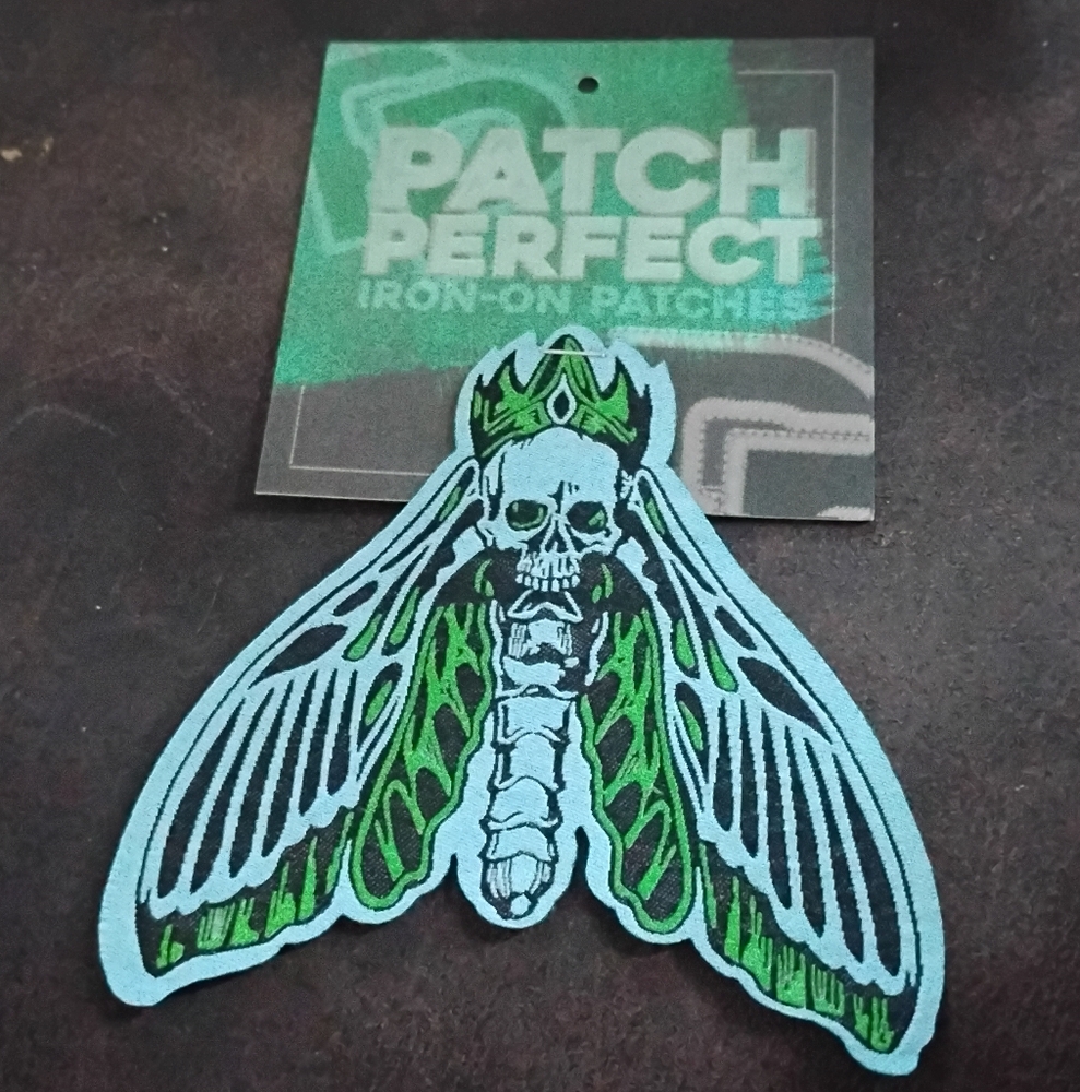Vibrant Green and Blue Skull Moth "Patch Perfect" Iron On Match